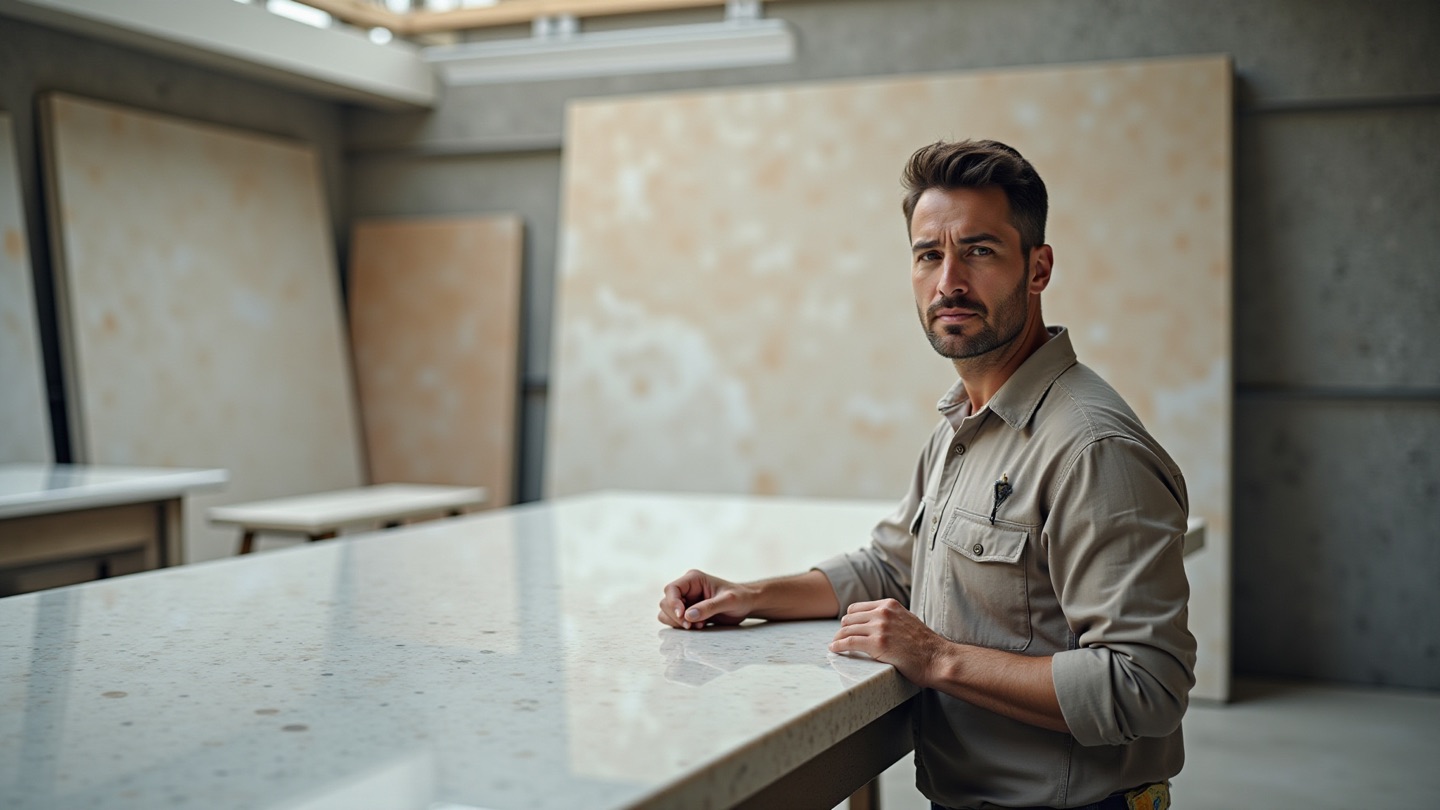Craftsperson finishing the edge of a marble countertop