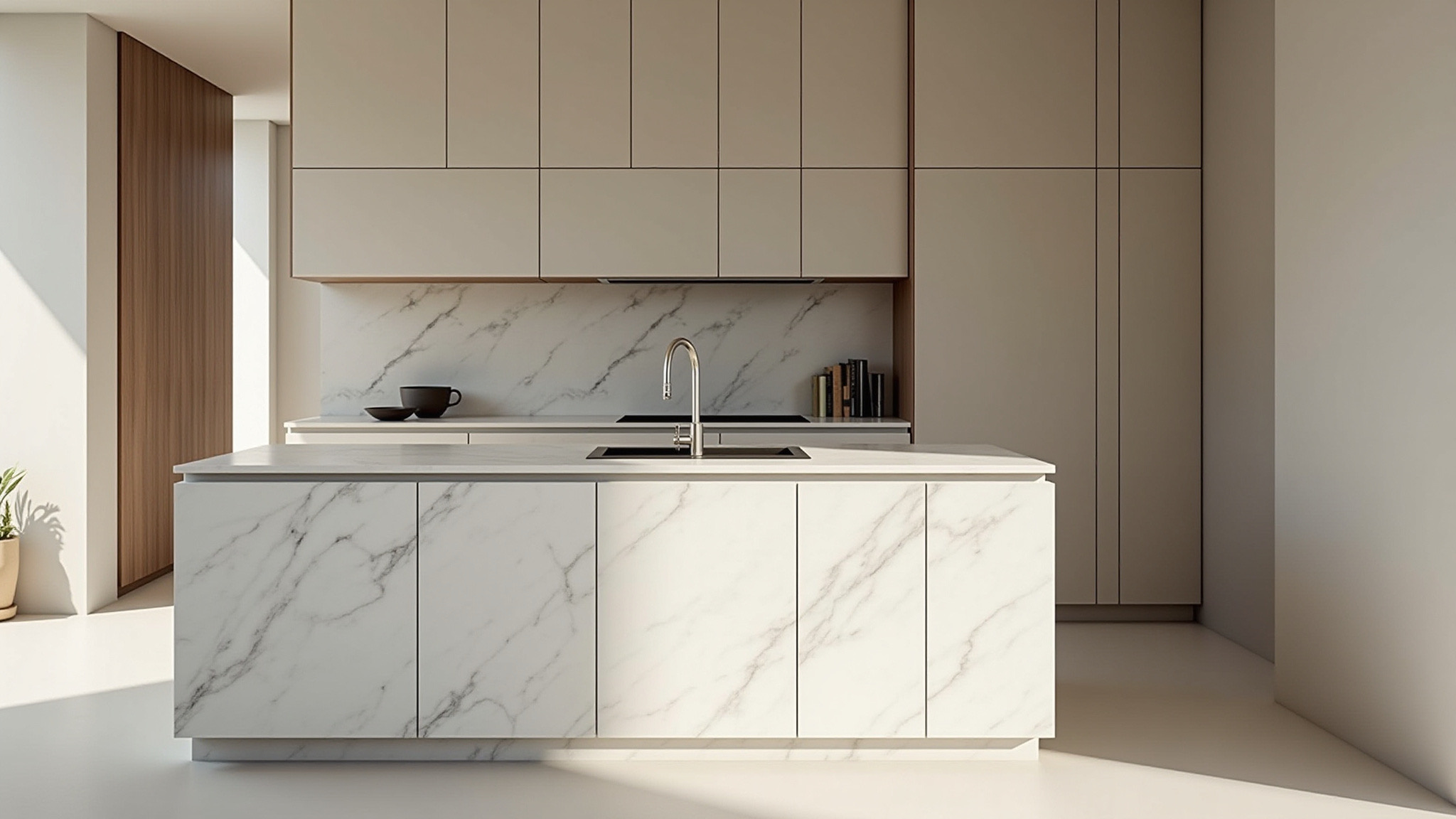 Modern kitchen with marble island countertop and wood cabinetry